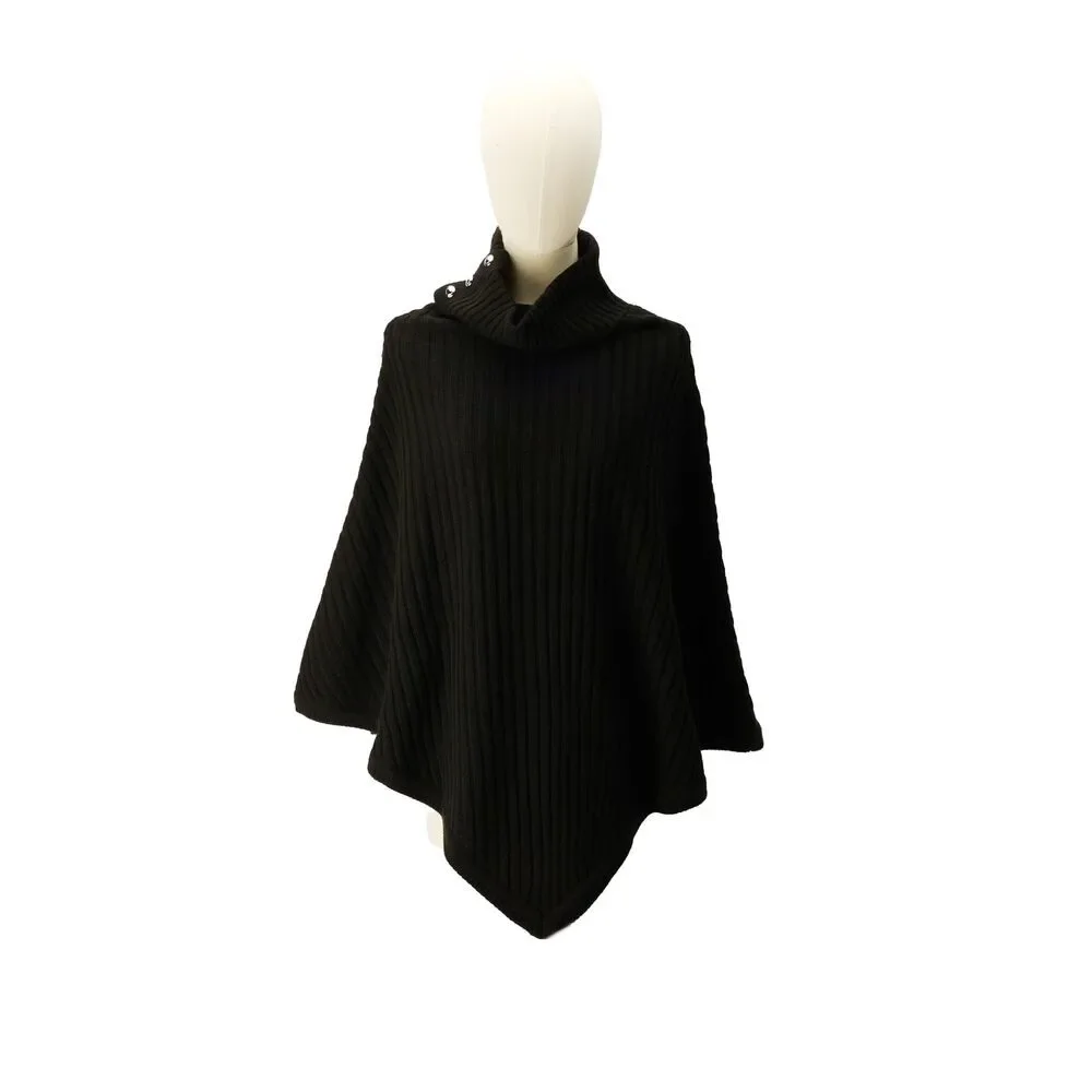 Michael Kors Women's Black Wide Rib Button Turtleneck Poncho One Size
